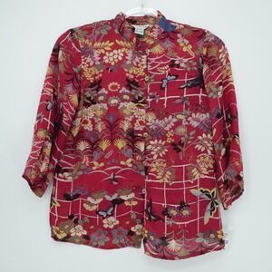 Citron Blouse Womens XS Red Silk Floral Mandarin‎ Collar Button Boho Artsy